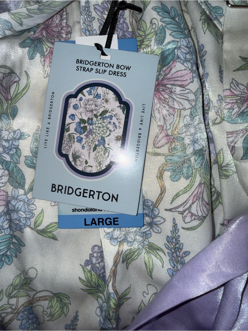 NWT Bridgerton Bow Strap Slip Maxi Dress Blue purple Floral Cottagecore Large - Picture 5 of 6